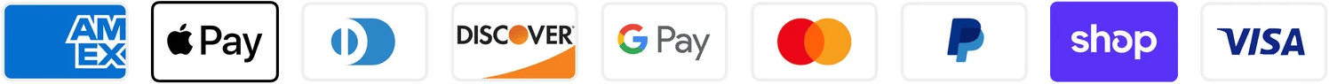 American Express, Apple Pay, Diners Club, Discover, Google Pay, Mastercard, PayPal, Shop Pay, Visa