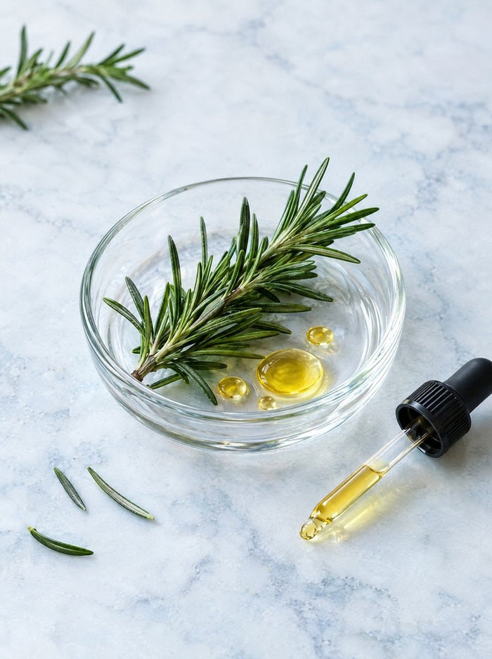 Rosemary sprigs and extract in a glass dish