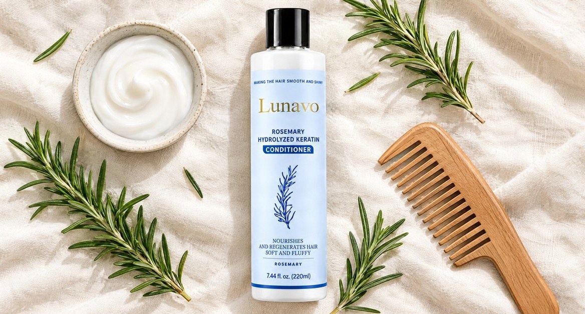 Lunavo conditioner flat lay with rosemary